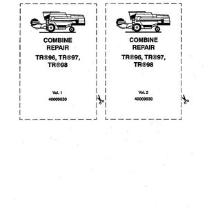 Pu&ograve; includere: Due etichette in bianco e nero per un manuale di riparazione della mietitrebbia. Ogni etichetta presenta un'illustrazione di una mietitrebbia, le parole "COMBINE REPAIR" e i numeri di modello TR96, TR97 e TR98. Include i numeri di volume e una guida al taglio.