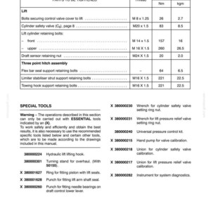 May include: A page from a manual detailing bolt torques and special tools for hydraulic systems. The text includes thread sizes, tightening torque in Nm and kgm, and tool descriptions.