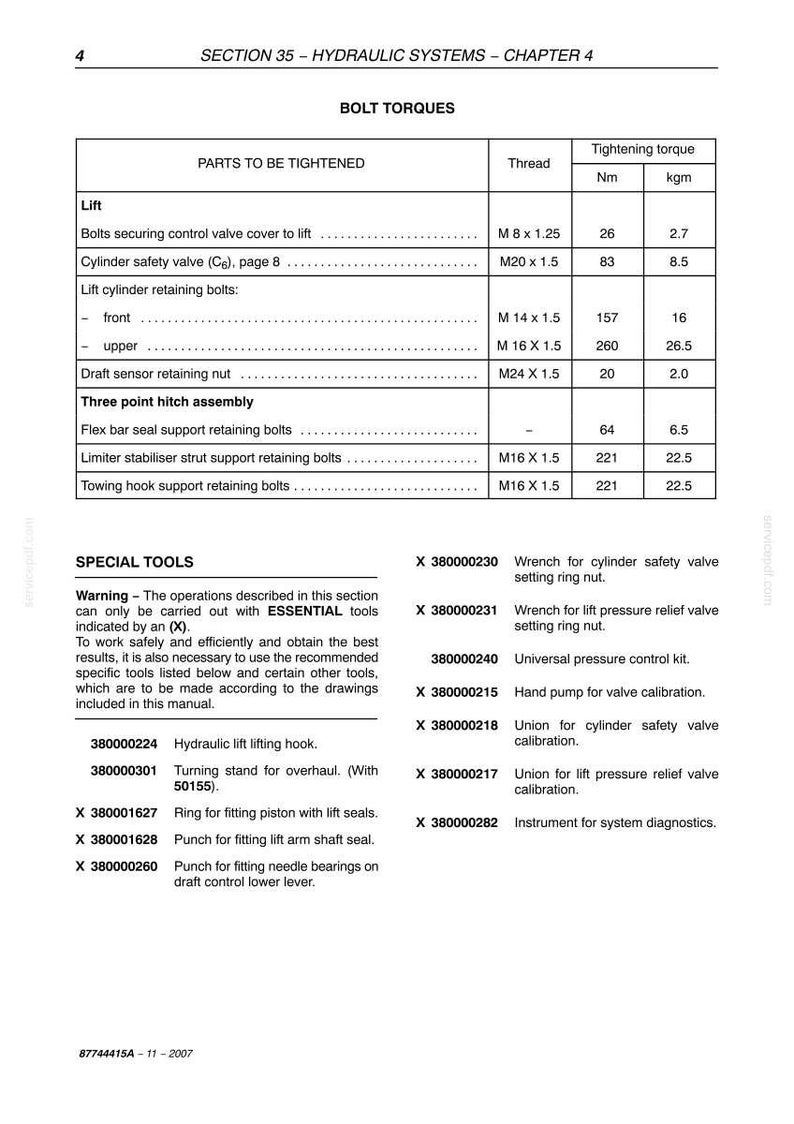 May include: A page from a manual detailing bolt torques and special tools for hydraulic systems. The text includes thread sizes, tightening torque in Nm and kgm, and tool descriptions.