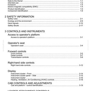 May include: A white page from a manual with the title "Contents" at the top. The page is divided into sections including "General Information", "Safety Information", and "Controls and Instruments". The text is black.