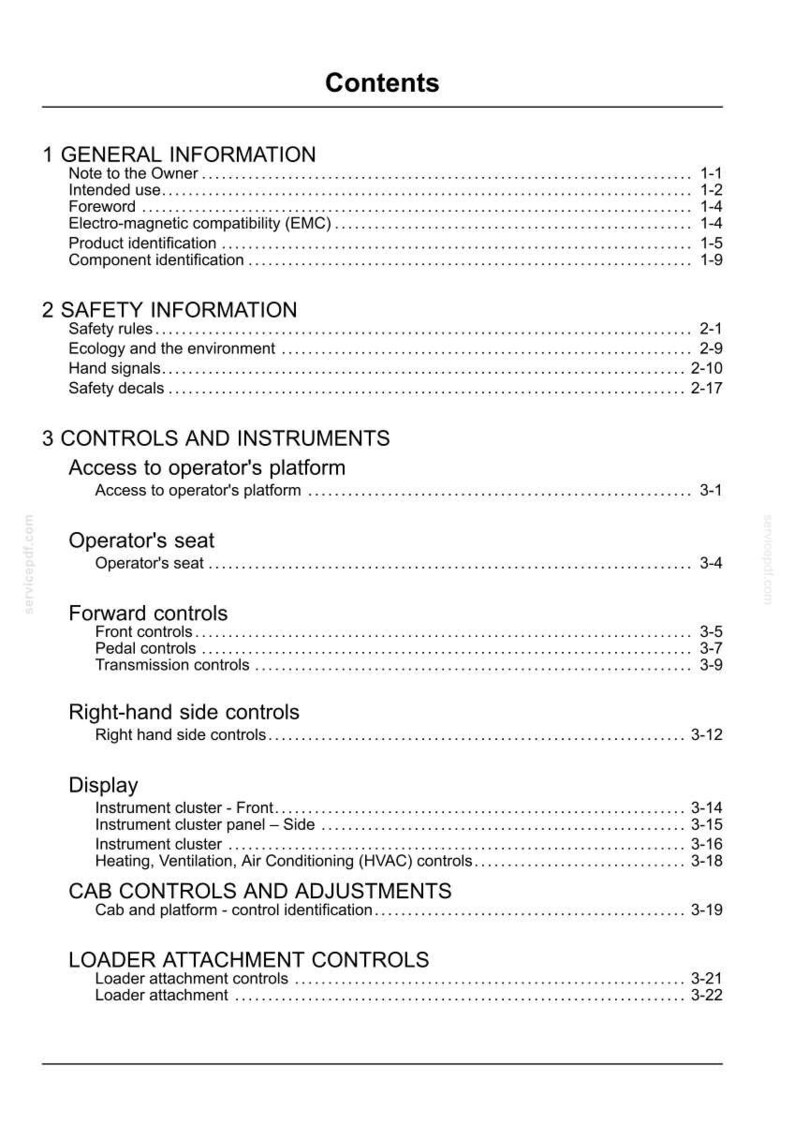 May include: A white page from a manual with the title "Contents" at the top. The page is divided into sections including "General Information", "Safety Information", and "Controls and Instruments". The text is black.