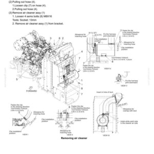 May include: Diagram of the upper slewing structure removal process, including instructions for pulling out hoses and removing the air cleaner assembly. The diagram includes measurements in inches and diagrams of the parts.