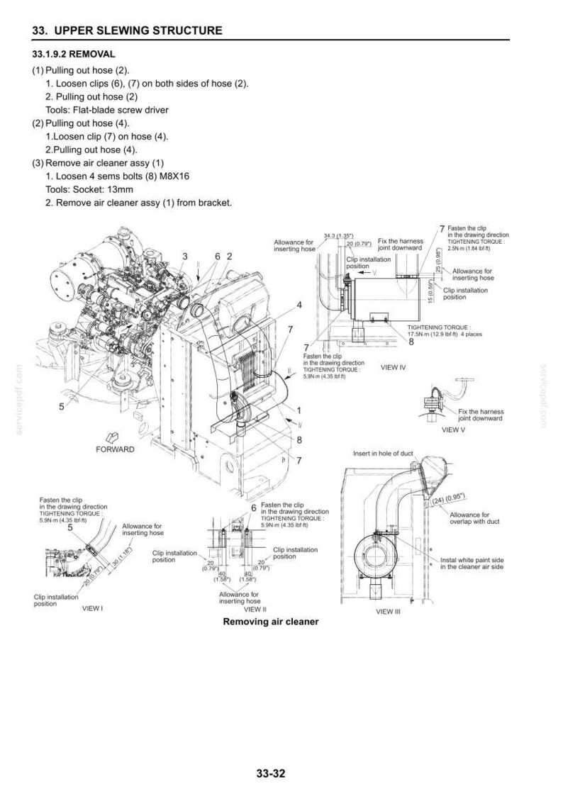 May include: Diagram of the upper slewing structure removal process, including instructions for pulling out hoses and removing the air cleaner assembly. The diagram includes measurements in inches and diagrams of the parts.