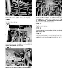 May include: A technical diagram with multiple images detailing mechanical steps. The images show close-ups of engine components, including hoses, pipes, and screws. Text instructions accompany each step, such as removing screws and disconnecting hoses.