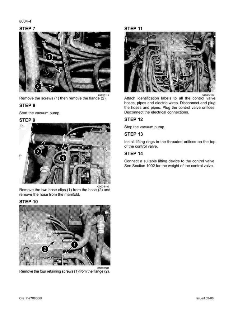 May include: A technical diagram with multiple images detailing mechanical steps. The images show close-ups of engine components, including hoses, pipes, and screws. Text instructions accompany each step, such as removing screws and disconnecting hoses.