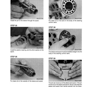 May include: A grayscale technical diagram with step-by-step instructions for assembling a mechanical component. The image shows hands manipulating parts, with text labels and part numbers. The steps include installing pins, washers, and applying oil.