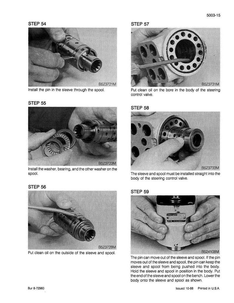 May include: A grayscale technical diagram with step-by-step instructions for assembling a mechanical component. The image shows hands manipulating parts, with text labels and part numbers. The steps include installing pins, washers, and applying oil.