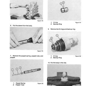May include: A monochrome diagram illustrating mechanical disassembly steps. The image shows components like O-rings, backup rings, and poppet springs. Text labels and figure numbers (118-123) are included to guide the process.