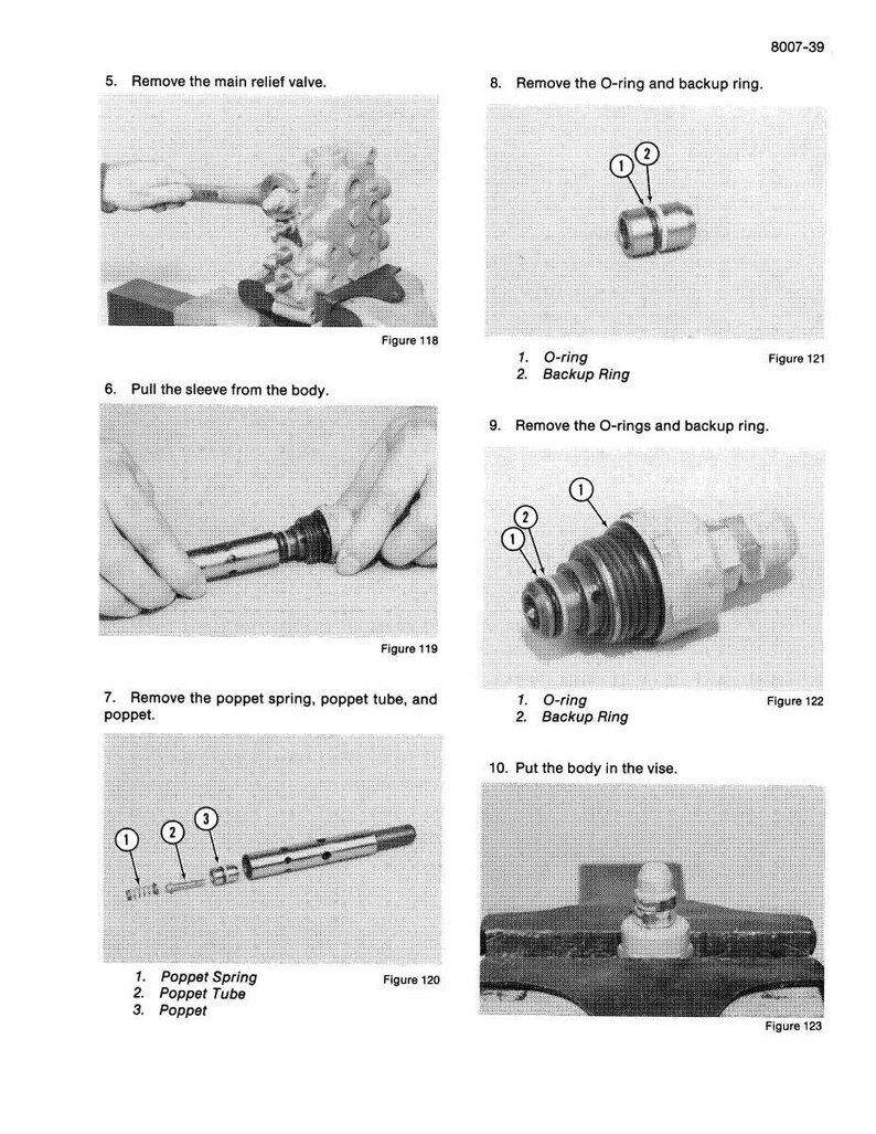 May include: A monochrome diagram illustrating mechanical disassembly steps. The image shows components like O-rings, backup rings, and poppet springs. Text labels and figure numbers (118-123) are included to guide the process.