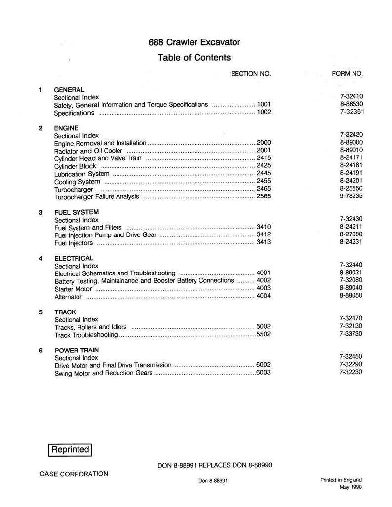 May include: A printed table of contents for a 688 Crawler Excavator manual. The document lists sections such as Engine, Fuel System, and Electrical, with corresponding form numbers. The text is black on a white background.
