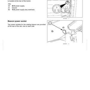 Pode incluir: Uma p&aacute;gina de manual t&eacute;cnico intitulada 6 - WORKING OPERATIONS detalhando conectores de energia externos. Inclui diagramas de uma tomada de implemento de 3 pinos e uma tomada de sinalizador, com texto explicando as atribui&ccedil;&otilde;es dos pinos.