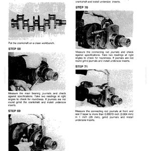 May include: Technical diagram detailing crankshaft inspection steps. Includes images of the crankshaft and tools, with text instructions on measurements and grinding procedures. The diagram uses imperial measurements, such as inches.