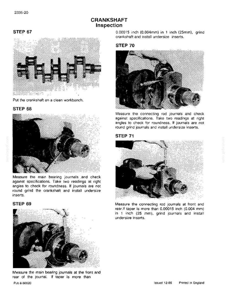 May include: Technical diagram detailing crankshaft inspection steps. Includes images of the crankshaft and tools, with text instructions on measurements and grinding procedures. The diagram uses imperial measurements, such as inches.