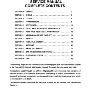 May include: A white page from a service manual for Farmall 75N and 95N tractors. The title reads "Service Manual Complete Contents." The table of contents lists sections such as Engine, Clutch, Transmissions, and Brakes.