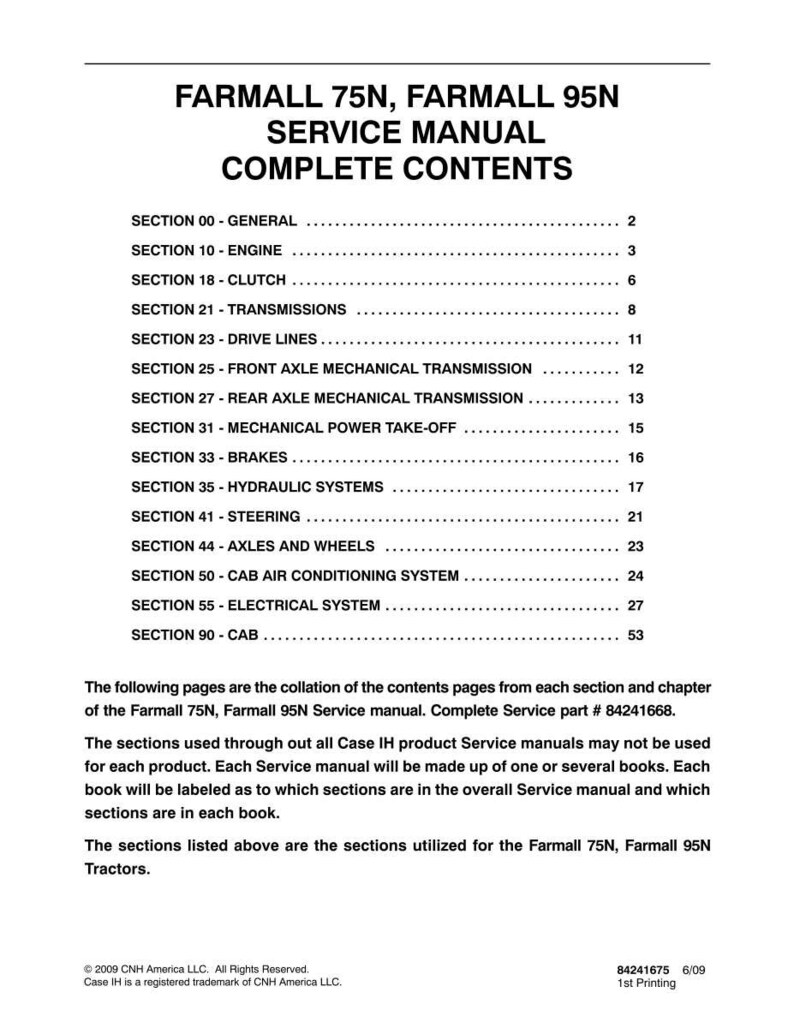 May include: A white page from a service manual for Farmall 75N and 95N tractors. The title reads "Service Manual Complete Contents." The table of contents lists sections such as Engine, Clutch, Transmissions, and Brakes.