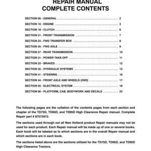 May include: A black and white repair manual contents page for TD75D, TD95D, and TD95D High Clearance tractors. It lists sections from 00 to 90, including engine, transmission, and electrical systems, with part number 87572972 and 2006 copyright.