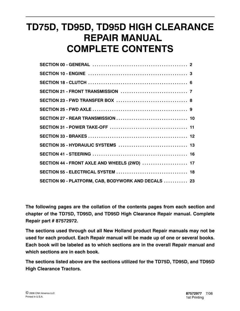 May include: A black and white repair manual contents page for TD75D, TD95D, and TD95D High Clearance tractors. It lists sections from 00 to 90, including engine, transmission, and electrical systems, with part number 87572972 and 2006 copyright.
