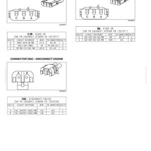 May include: Diagram of electrical connectors, including D-OR, DM, and DISC types, with detailed circuit references and cavity information. The image includes part numbers and vendor details for each connector.
