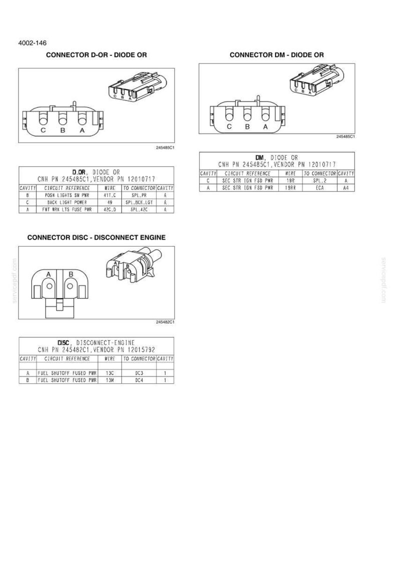 May include: Diagram of electrical connectors, including D-OR, DM, and DISC types, with detailed circuit references and cavity information. The image includes part numbers and vendor details for each connector.