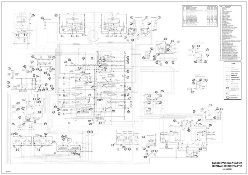 May include: A detailed black and white schematic diagram of the hydraulic system for an E26SC EVO excavator. The diagram includes numerous lines, circles, and symbols, with text labels and a legend. The title "E26SC EVO EXCAVATOR HYDRAULIC SCHEMATIC" is visible.