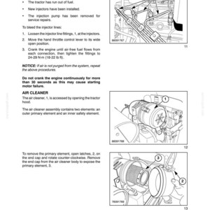 May include: A technical manual page titled Section 3 - Lubrication and Maintenance, featuring black and white line drawings of tractor engine components, including injector lines and an air cleaner assembly with numbered parts and instructions.