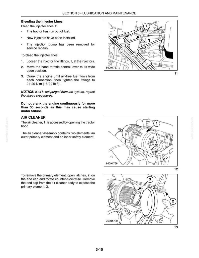May include: A technical manual page titled Section 3 - Lubrication and Maintenance, featuring black and white line drawings of tractor engine components, including injector lines and an air cleaner assembly with numbered parts and instructions.