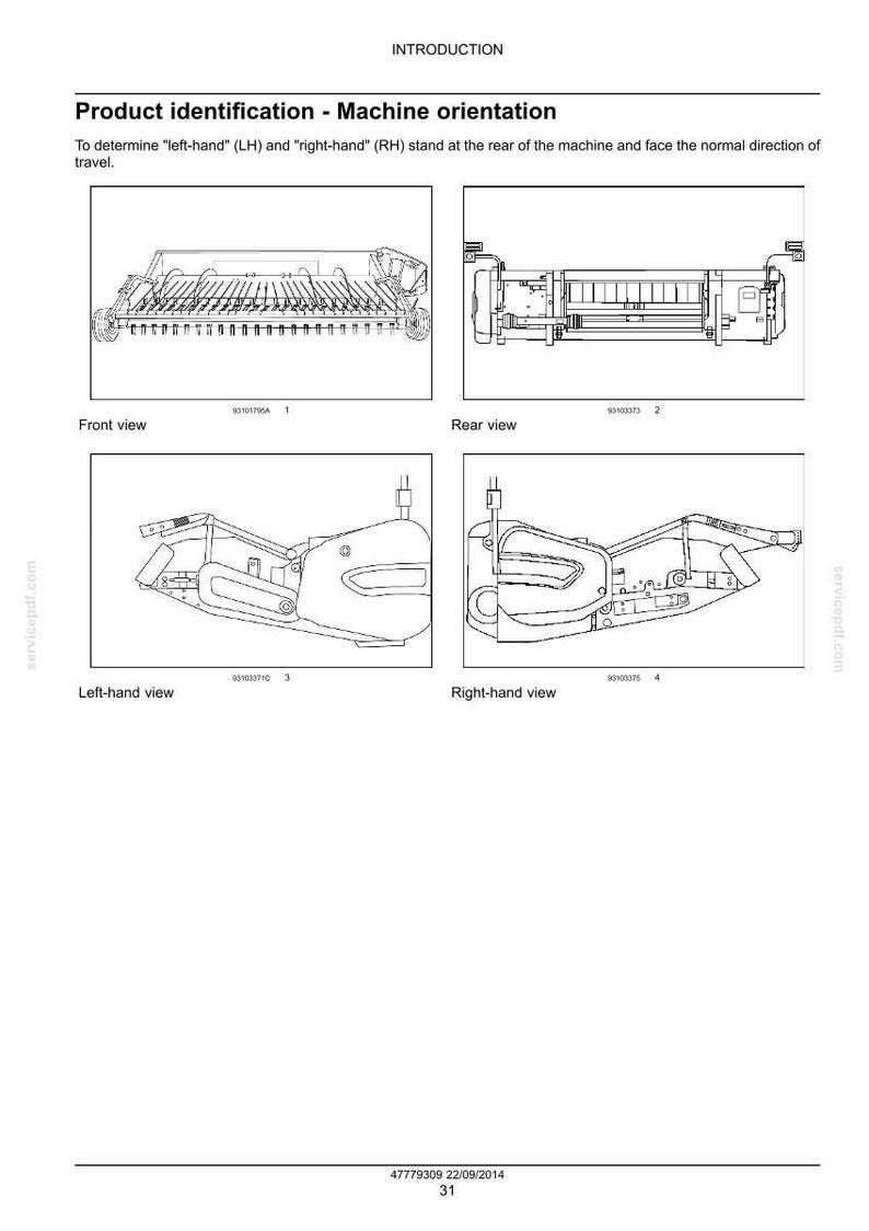 May include: Diagram of a machine with front, rear, left-hand, and right-hand views. The text "Product identification - Machine orientation" is at the top. The diagram is for determining the left and right sides of the machine.