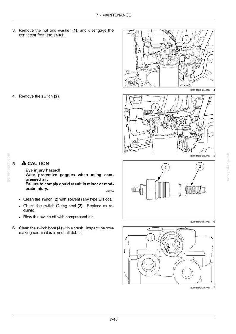 May include: A technical maintenance manual page titled 7-MAINTENANCE featuring black and white line drawings of mechanical components. The text includes instructions for removing a switch, a caution regarding eye injury, and cleaning procedures.