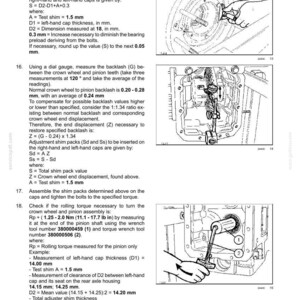 May include: Technical diagram illustrating rear axle components and measurements. Includes instructions for measuring dimensions, calculating shim pack values, and checking rolling torque. Features diagrams and text for automotive repair.