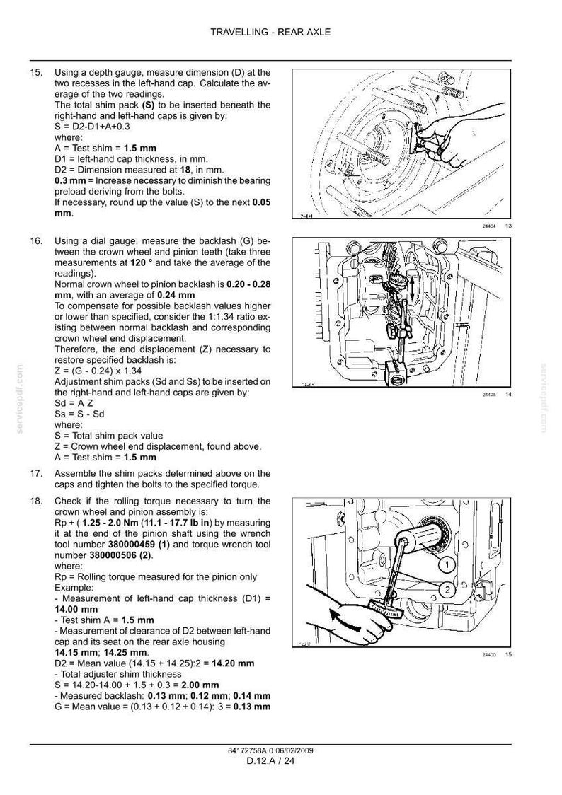 May include: Technical diagram illustrating rear axle components and measurements. Includes instructions for measuring dimensions, calculating shim pack values, and checking rolling torque. Features diagrams and text for automotive repair.