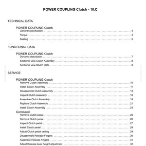 May include: A detailed table of contents from a manual, with headings like "Transmission, Drive and PTO Out - C" and "Power Coupling Clutch." The document lists technical, functional, and service data, including torque and assembly instructions.