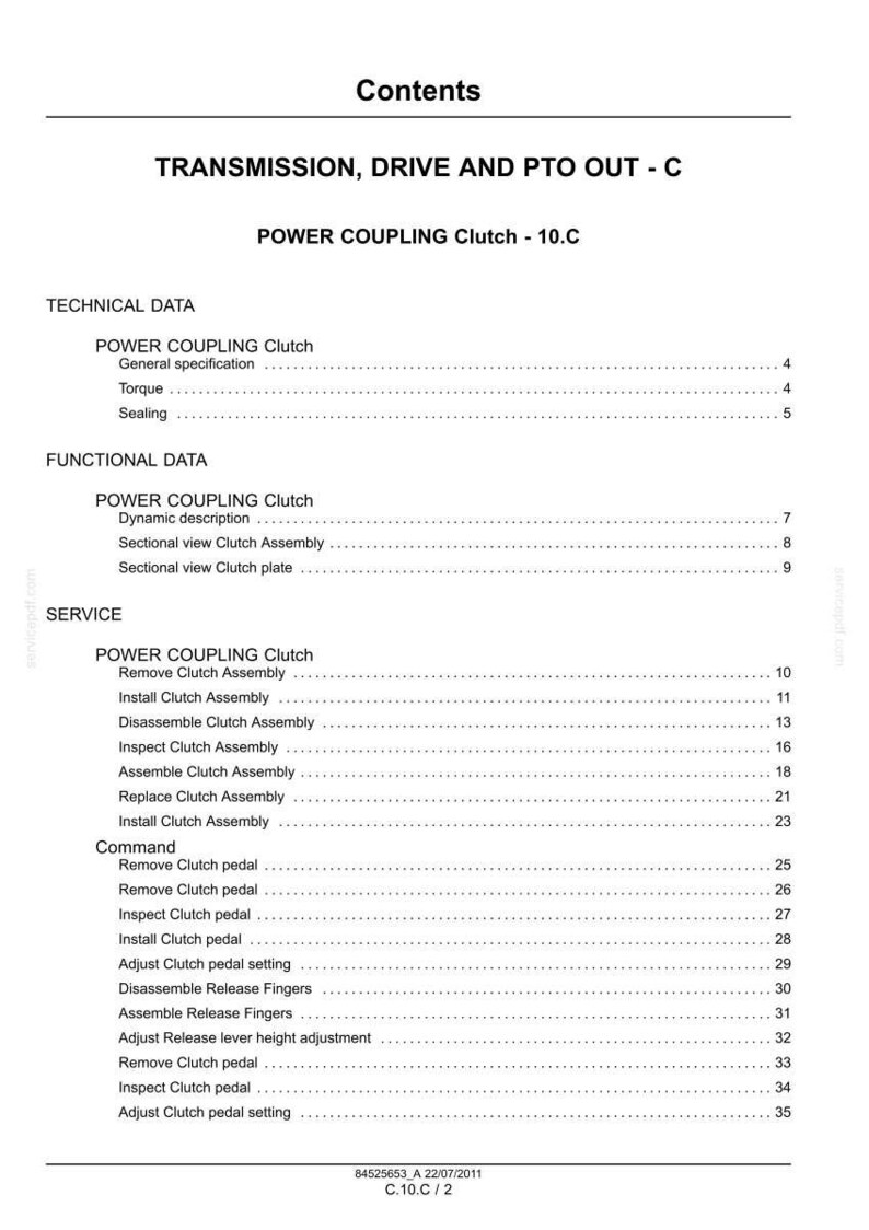 May include: A detailed table of contents from a manual, with headings like "Transmission, Drive and PTO Out - C" and "Power Coupling Clutch." The document lists technical, functional, and service data, including torque and assembly instructions.
