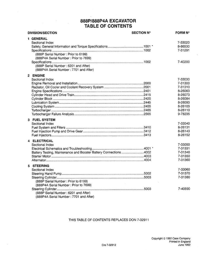 May include: A detailed table of contents for the 888P/888P4A Excavator, featuring sections on General, Engine, Fuel System, Electrical, and Steering. Includes section numbers and form numbers. Copyright 1992 Case Company.