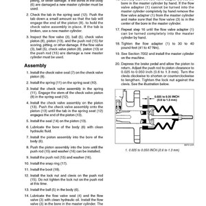 May include: A detailed technical diagram with instructions for inspecting and assembling a master cylinder. The text includes steps for checking components, installing seals, and adjusting clearances. Measurements are provided in inches.