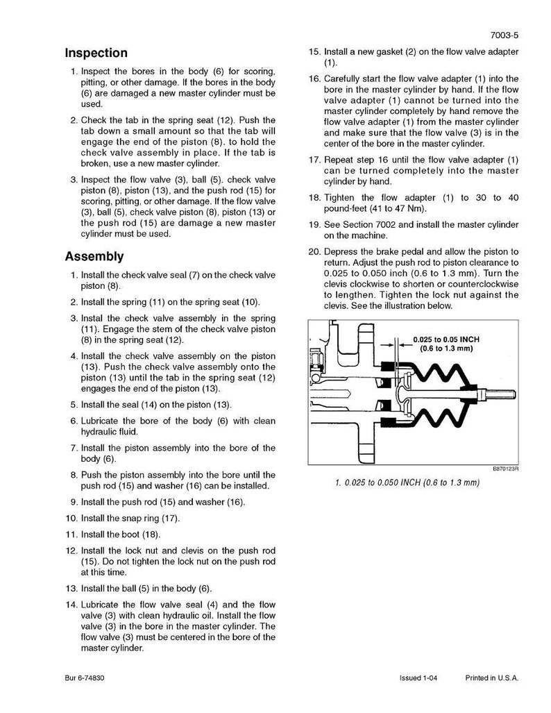 May include: A detailed technical diagram with instructions for inspecting and assembling a master cylinder. The text includes steps for checking components, installing seals, and adjusting clearances. Measurements are provided in inches.