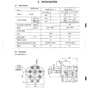 K&ouml;nnte beinhalten: Eine technische Dokumentenseite mit dem Titel 3. SPECIFICATION, die eine Tabelle mit Leistungsdaten f&uuml;r zwei Pumpenmodelle enth&auml;lt, einschlie&szlig;lich Durchfluss, Druck und Geschwindigkeit, sowie eine technische Zeichnung mit Ma&szlig;en in Millimetern.