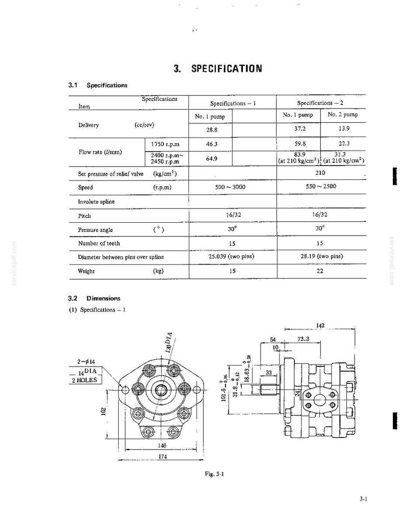 K&ouml;nnte beinhalten: Eine technische Dokumentenseite mit dem Titel 3. SPECIFICATION, die eine Tabelle mit Leistungsdaten f&uuml;r zwei Pumpenmodelle enth&auml;lt, einschlie&szlig;lich Durchfluss, Druck und Geschwindigkeit, sowie eine technische Zeichnung mit Ma&szlig;en in Millimetern.
