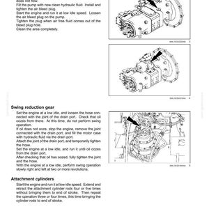 Puede incluir: Diagramas t&eacute;cnicos que ilustran los procedimientos de mantenimiento de una bomba hidr&aacute;ulica, un engranaje de reducci&oacute;n de giro y cilindros de fijaci&oacute;n. La imagen incluye dibujos mec&aacute;nicos detallados con flechas e instrucciones de texto.