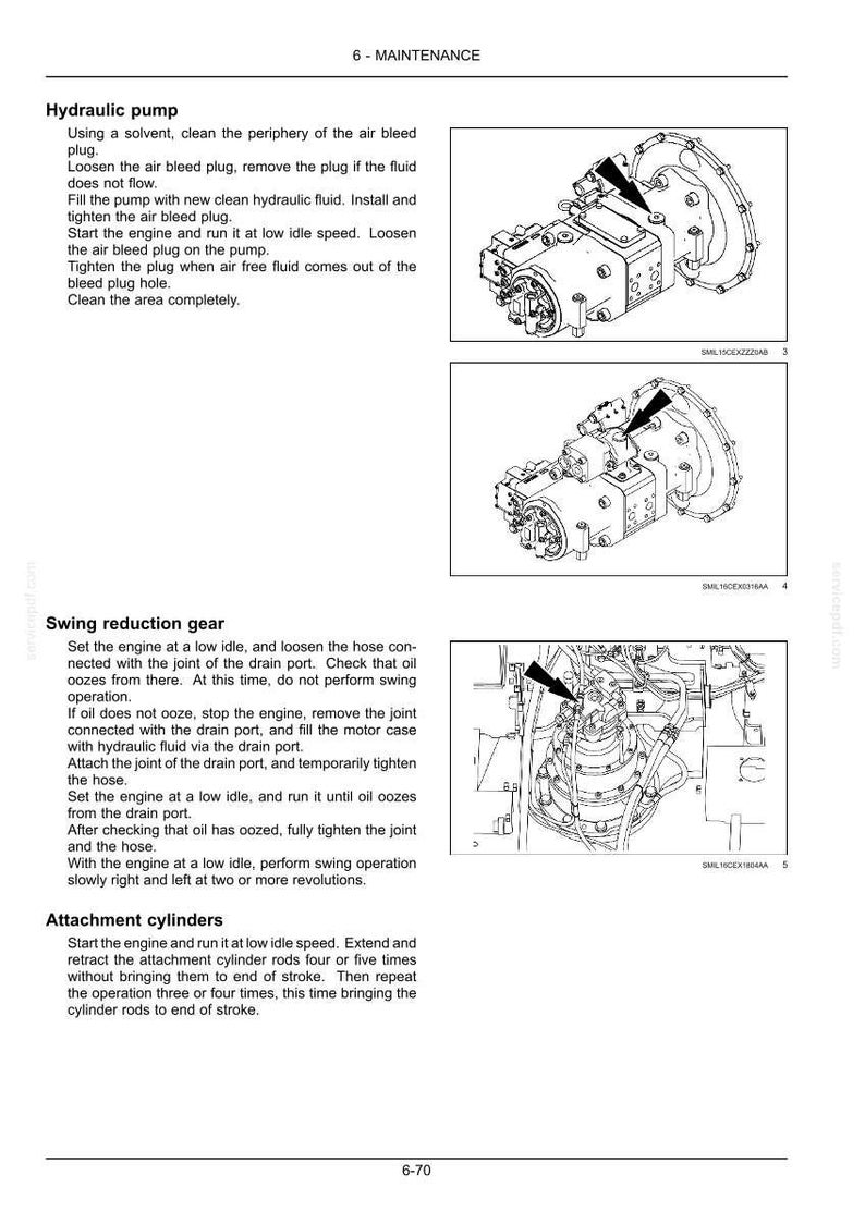 Puede incluir: Diagramas t&eacute;cnicos que ilustran los procedimientos de mantenimiento de una bomba hidr&aacute;ulica, un engranaje de reducci&oacute;n de giro y cilindros de fijaci&oacute;n. La imagen incluye dibujos mec&aacute;nicos detallados con flechas e instrucciones de texto.
