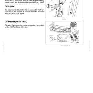 May include: A technical manual page titled 3-CONTROLS AND INSTRUMENTS detailing implement monitor installation. It features two black and white line drawings showing mounting points on a vehicle C-pillar and a bracket, labeled with the number 1.