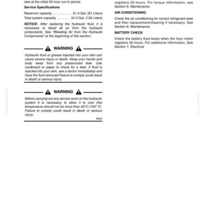 May include: A page from a manual detailing 50-hour maintenance procedures. Sections include hydraulic system lines, bolt and nut torque, air conditioning, and battery check. Warnings about hydraulic fluid injection are also present.