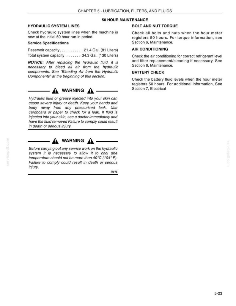 May include: A page from a manual detailing 50-hour maintenance procedures. Sections include hydraulic system lines, bolt and nut torque, air conditioning, and battery check. Warnings about hydraulic fluid injection are also present.