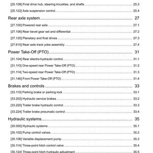 May include: A detailed technical document with a white background, listing various mechanical systems. Sections include Front Axle System, Rear Axle System, Power Take-Off (PTO), Brakes and Controls, and Hydraulic Systems. The document is dated 25/09/2015.