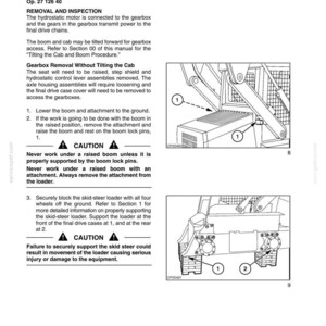 May include: Diagram of a rear drive axle gearbox with labels and instructions. Includes illustrations of the gearbox components and safety warnings. Text includes "Removal and Inspection" and "Caution" notices.