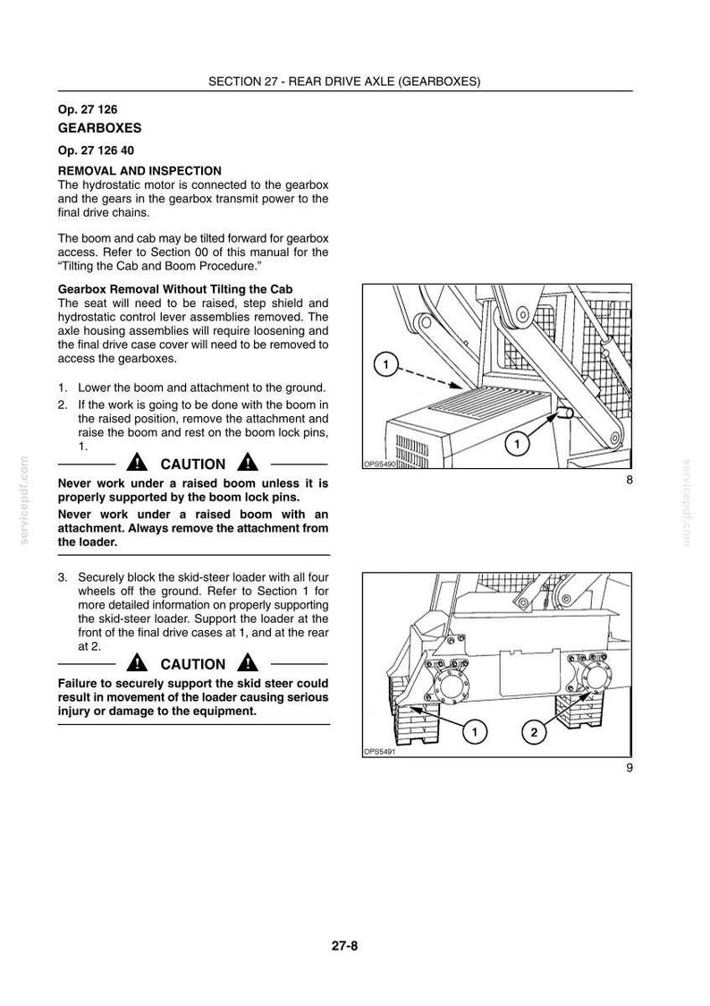 May include: Diagram of a rear drive axle gearbox with labels and instructions. Includes illustrations of the gearbox components and safety warnings. Text includes "Removal and Inspection" and "Caution" notices.