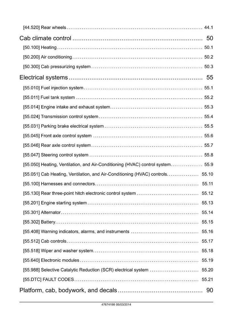 May include: A detailed table of contents from a manual, listing various automotive systems and components. Includes sections on climate control, electrical systems, and platform components. The document is dated.
