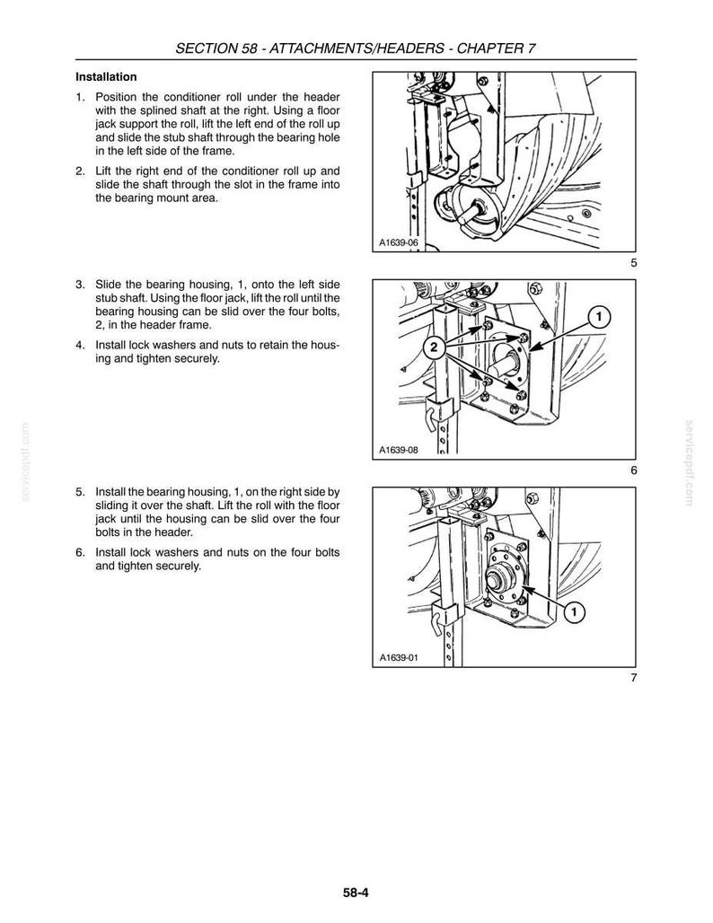 May include: Diagram of installation instructions for a mechanical component. The text reads "SECTION 58 - ATTACHMENTS/HEADERS - CHAPTER 7" and includes numbered steps with illustrations of the assembly process.