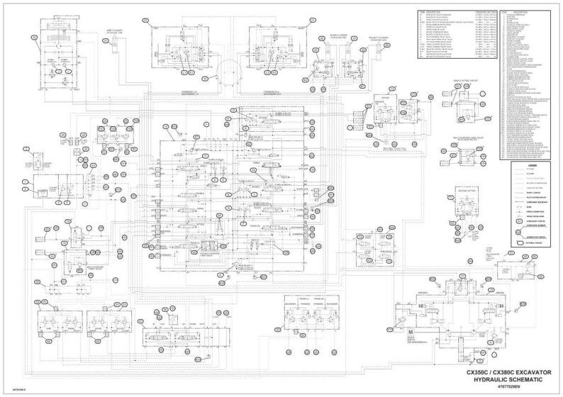 Puede incluir: Diagrama esquem&aacute;tico hidr&aacute;ulico detallado en blanco y negro para una excavadora CX350C / CX380C. El diagrama incluye numerosos componentes interconectados, l&iacute;neas y etiquetas, con una leyenda y texto en la esquina inferior derecha.