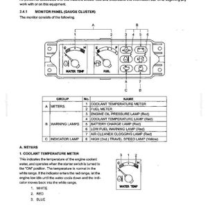May include: A technical diagram of a hydraulic excavator monitor panel featuring a gauge cluster with water temperature and fuel meters, plus various warning lamps labeled 1 through 8, accompanied by a descriptive table and explanatory text.