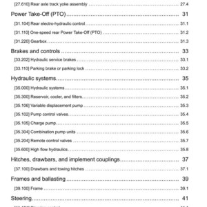 May include: A detailed table of contents from a technical manual, listing various mechanical systems and components. Sections include rear axle, power take-off, brakes, hydraulic systems, hitches, frames, and steering.